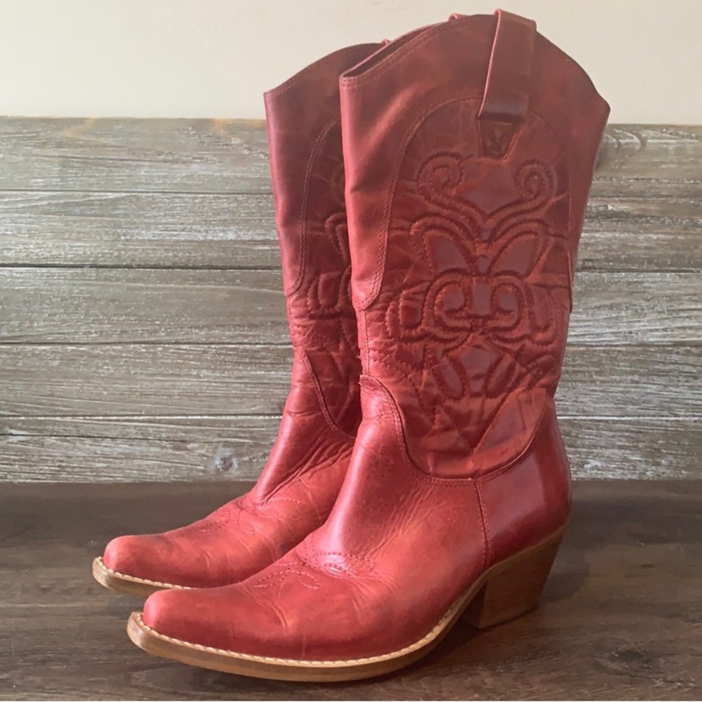 Red leather cowboy boots mid calf
